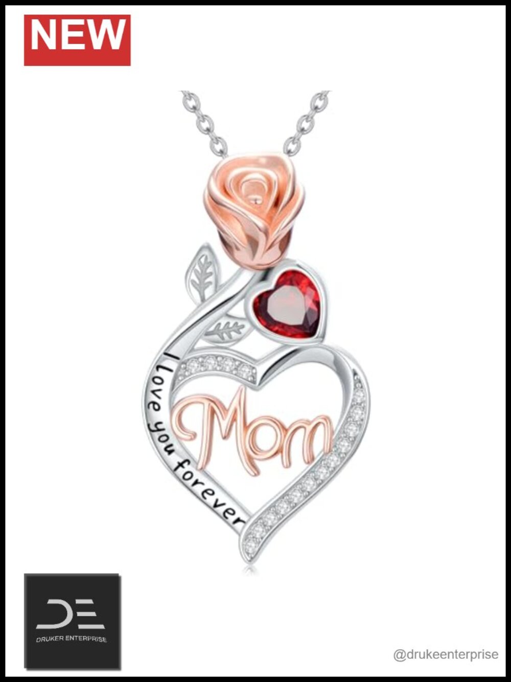 14K White Gold Rose Heart Pendant Necklace for Mom Grandma